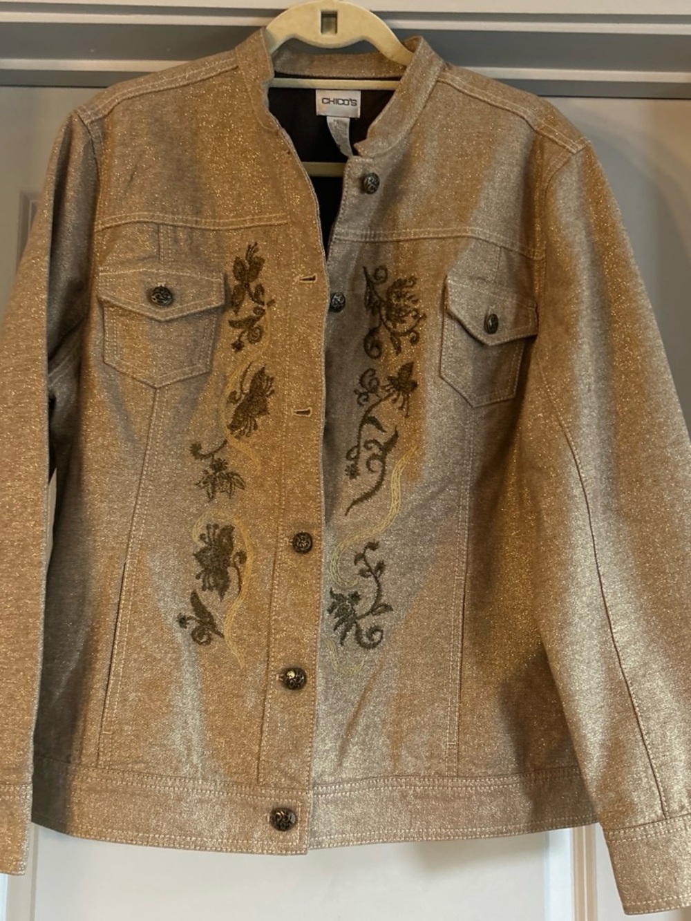 Chico's Shimmery Gold Embroidered Jean Jacket